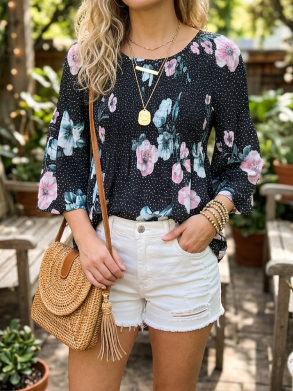 Spense Petite Black Floral Bell Sleeve Peasant Blouse Smocked Boho Whimsigoth